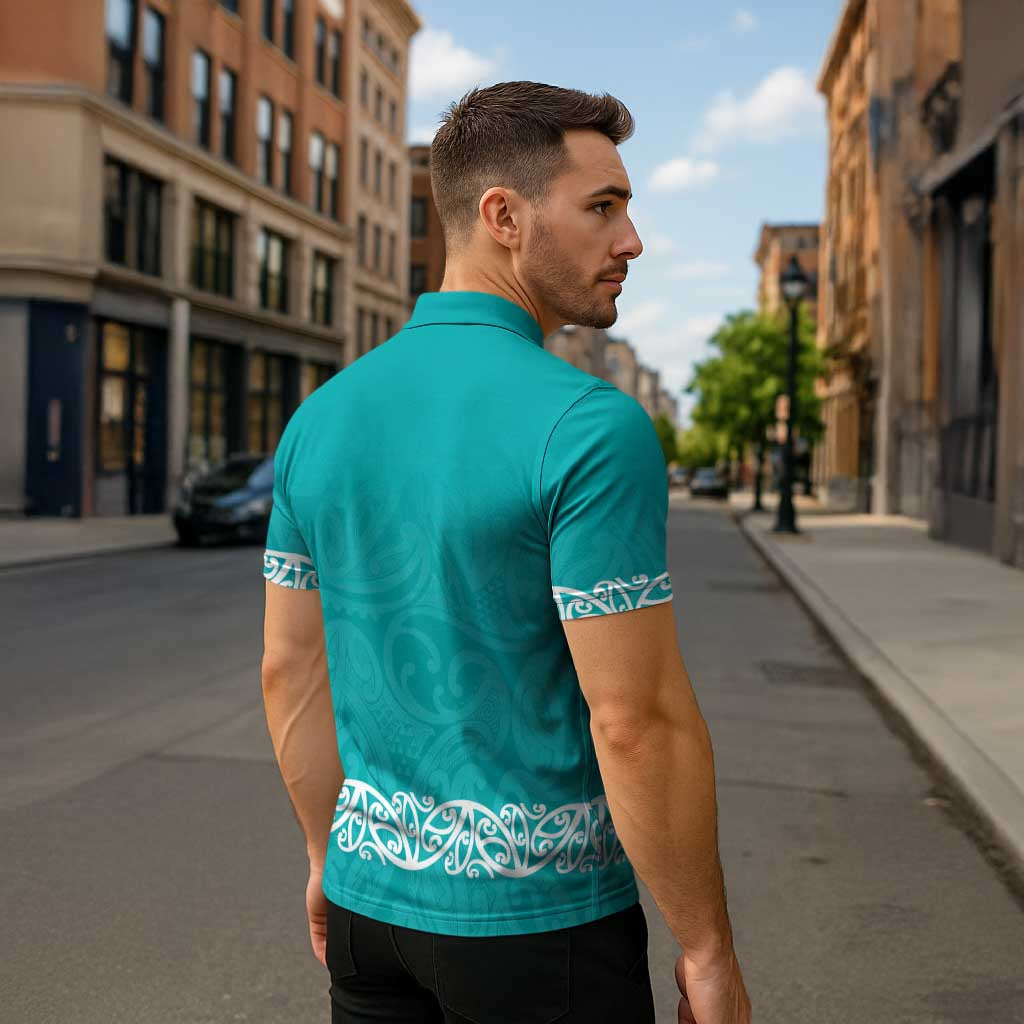 New Zealand Nurses Week Zipper Polo Shirt Maori Kowhaiwhai Cyan Tribal