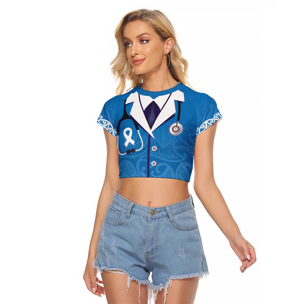 New Zealand Nurses Week Raglan Cropped T Shirt Maori Kowhaiwhai Blue Tribal LT9 Female Blue - Polynesian Pride