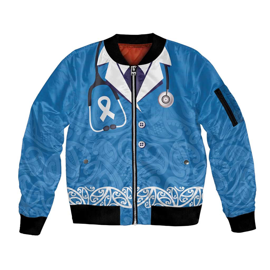 New Zealand Nurses Week Sleeve Zip Bomber Jacket Maori Kowhaiwhai Blue Tribal LT9 Unisex Blue - Polynesian Pride