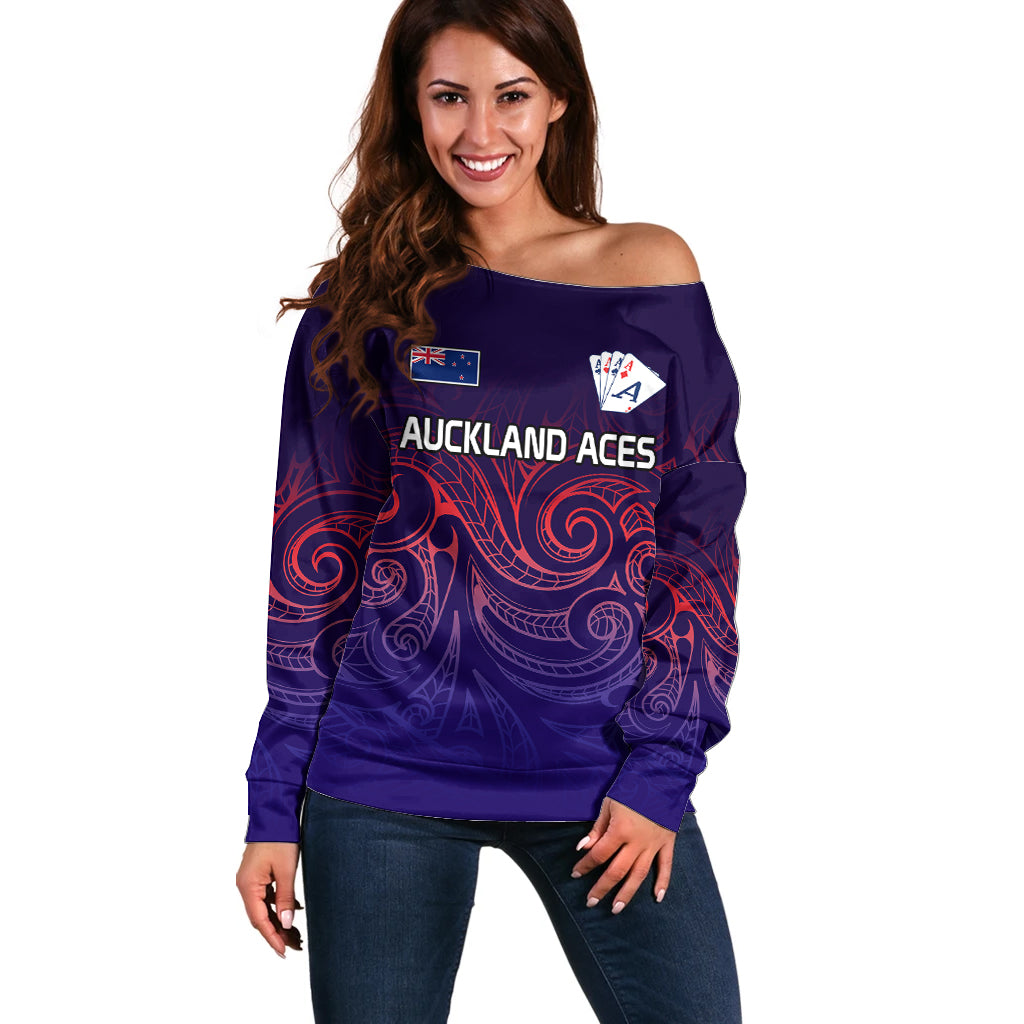 (Custom Text And Number) New Zealand Auckland Cricket Off Shoulder Sweater Maori Traditional Ethnic Style LT9 Women Gradient - Polynesian Pride