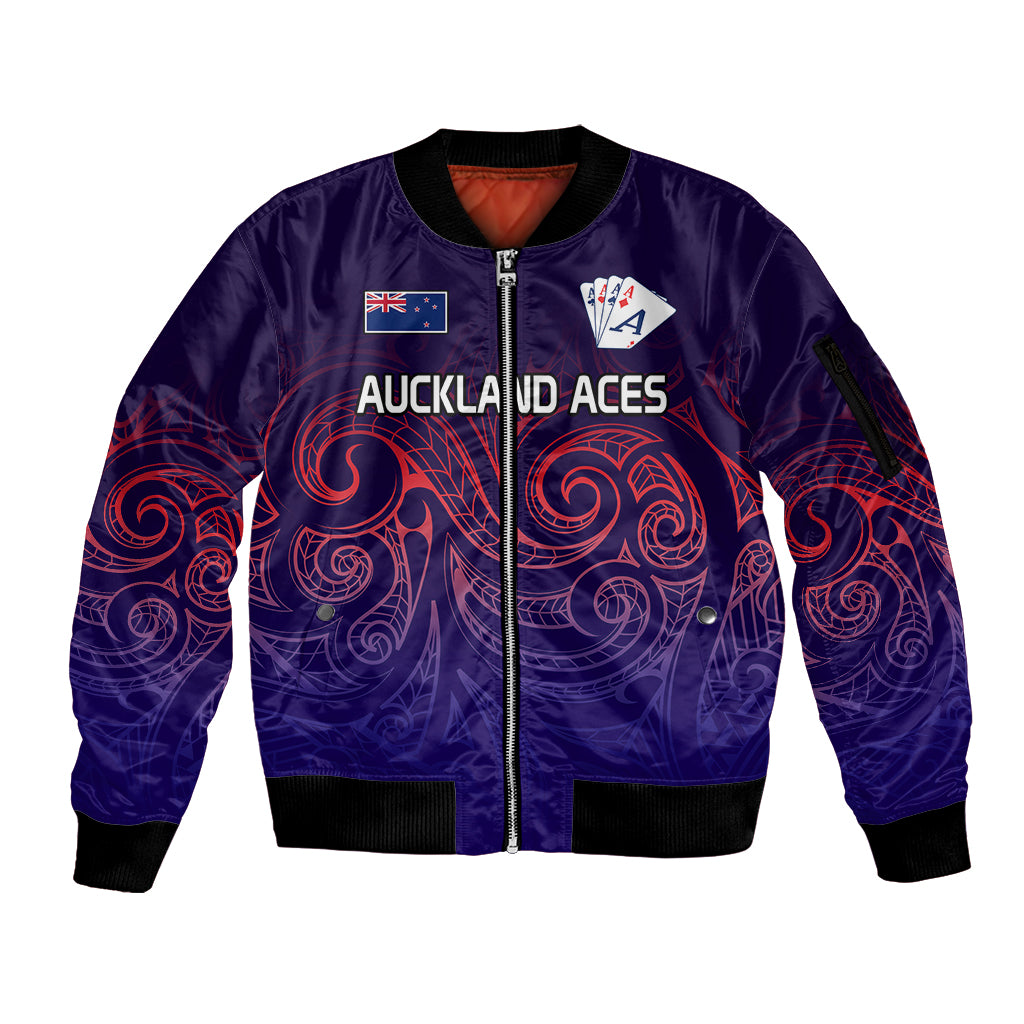 (Custom Text And Number) New Zealand Auckland Cricket Sleeve Zip Bomber Jacket Maori Traditional Ethnic Style LT9 Unisex Gradient - Polynesian Pride