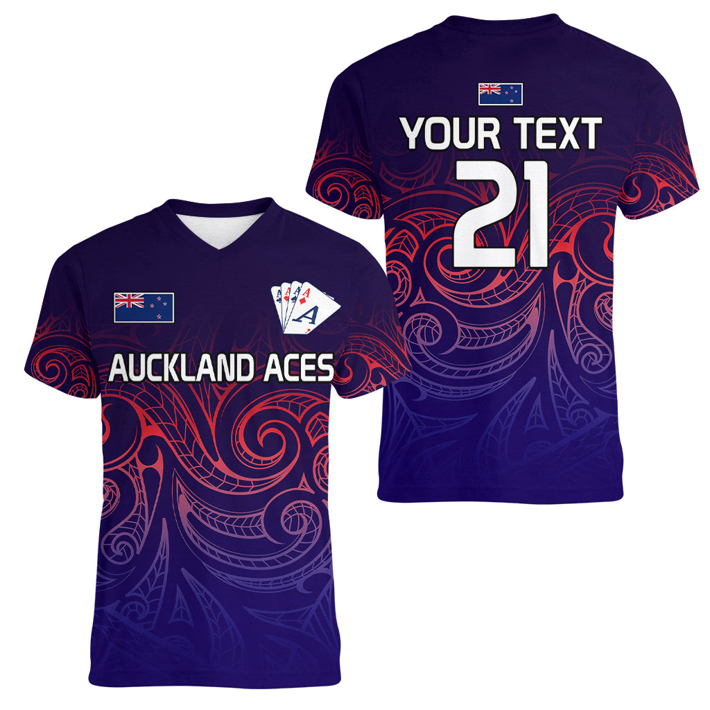 (Custom Text And Number) New Zealand Auckland Cricket Women V Neck T Shirt Maori Traditional Ethnic Style LT9 - Polynesian Pride