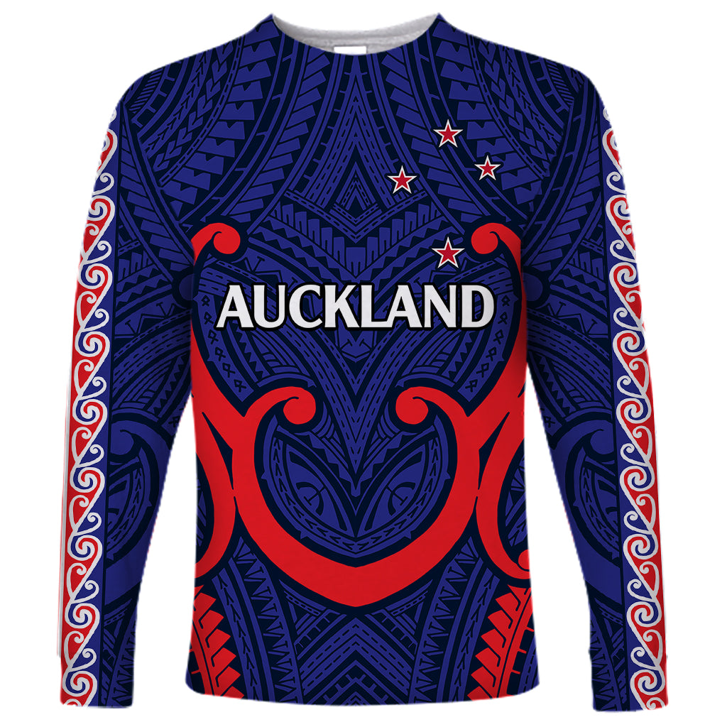 New Zealand Auckland Cricket Long Sleeve Shirt Polynesian with Maori Koru LT9 Unisex Blue - Polynesian Pride