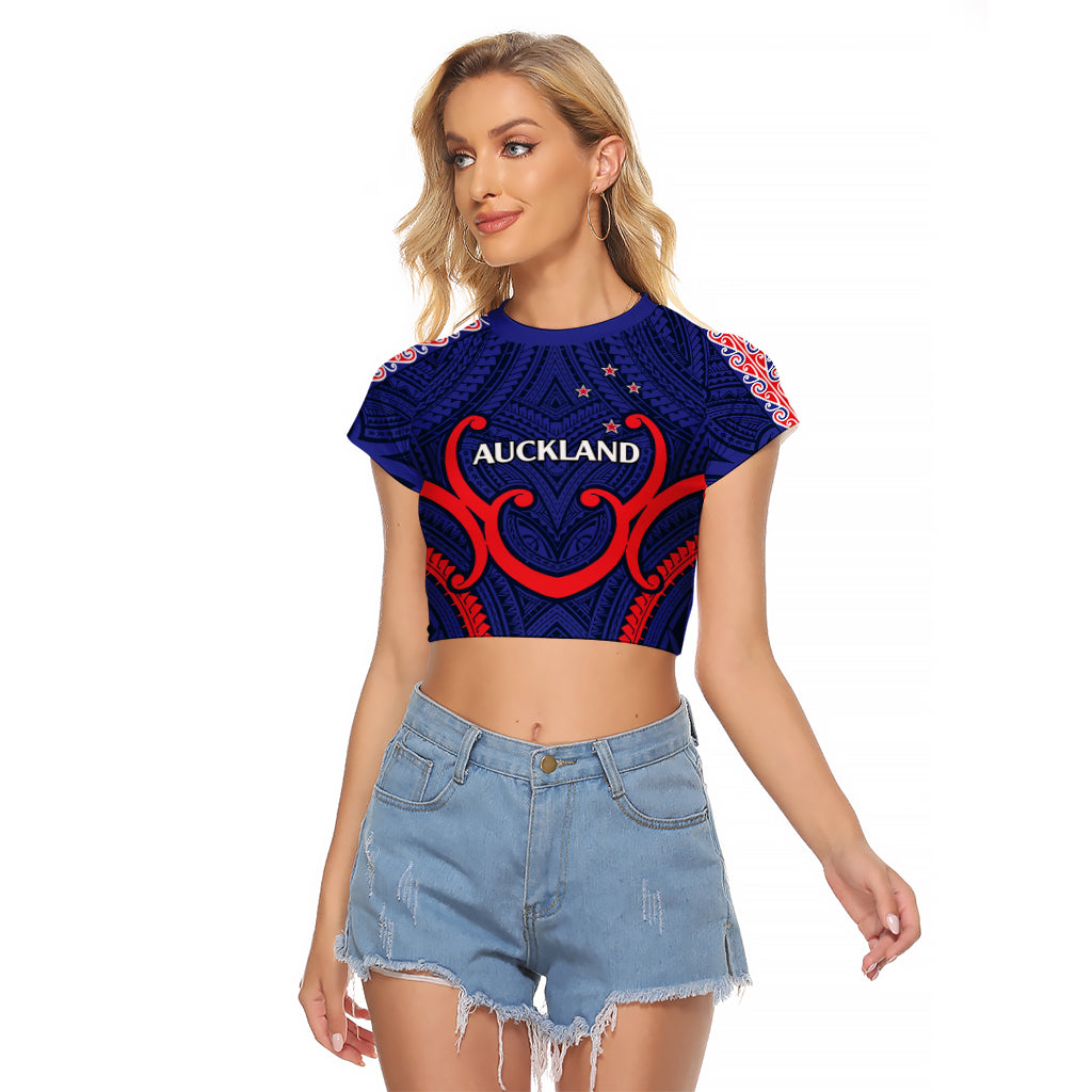 New Zealand Auckland Cricket Raglan Cropped T Shirt Polynesian with Maori Koru LT9 Female Blue - Polynesian Pride
