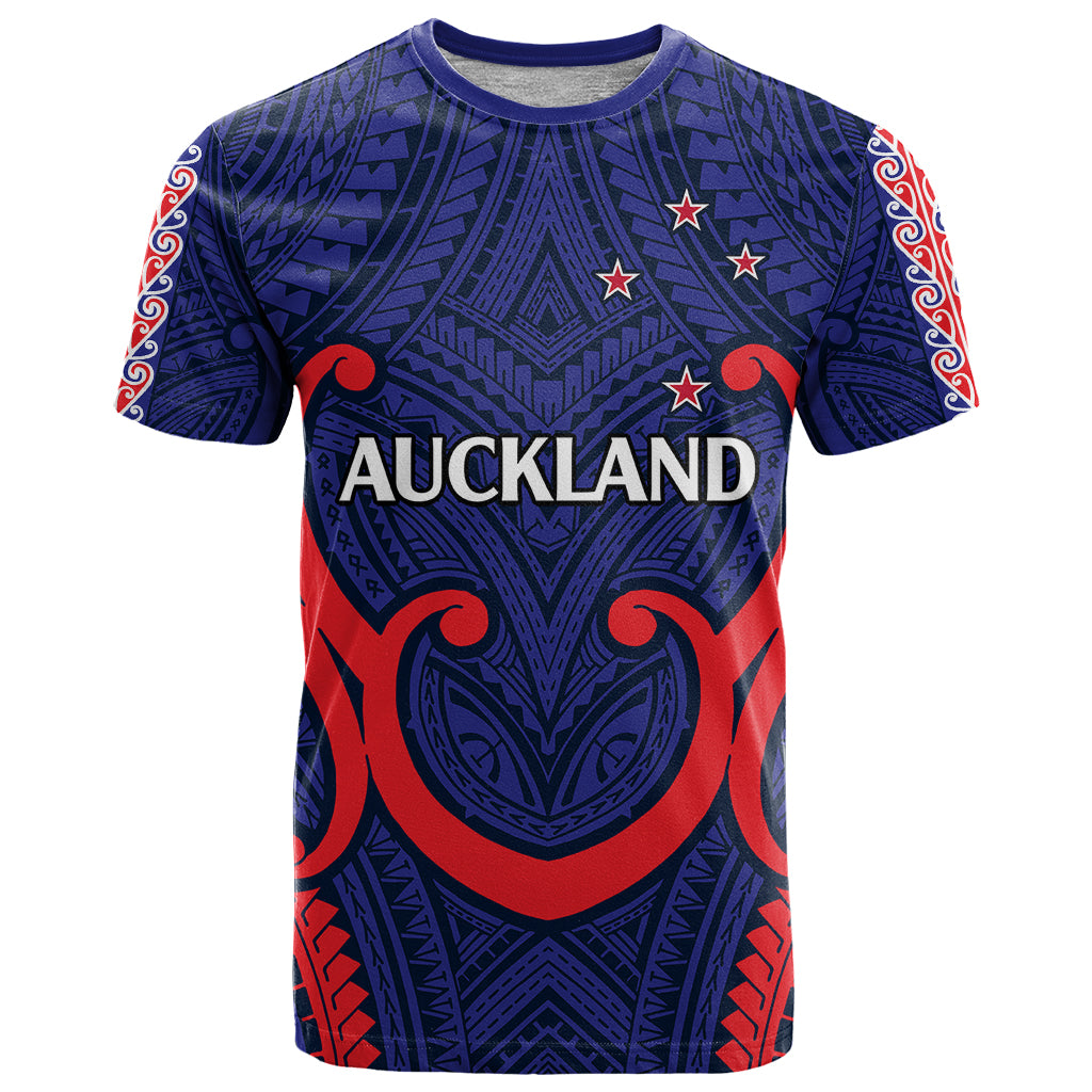 (Custom Text and Number) New Zealand Auckland Cricket T Shirt Polynesian with Maori Koru LT9 Blue - Polynesian Pride