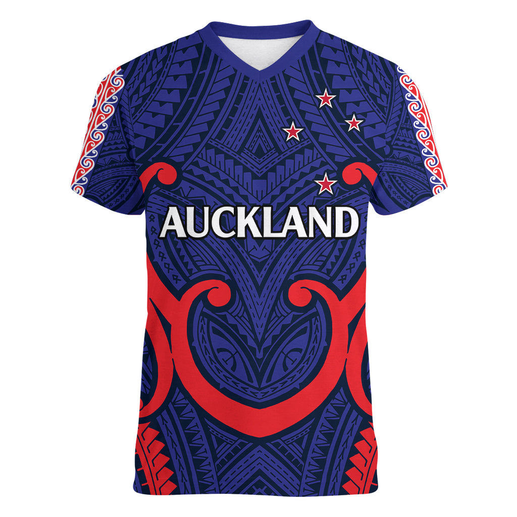 (Custom Text And Number) New Zealand Auckland Cricket Women V Neck T Shirt Polynesian with Maori Koru LT9 Female Blue - Polynesian Pride