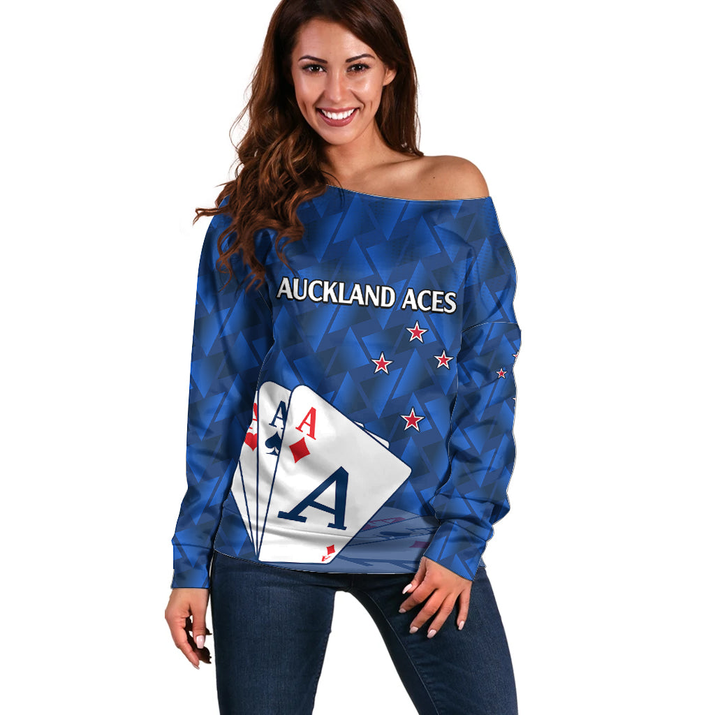 New Zealand Cricket Off Shoulder Sweater Auckland Aces Sporty Style LT9 Women Blue - Polynesian Pride