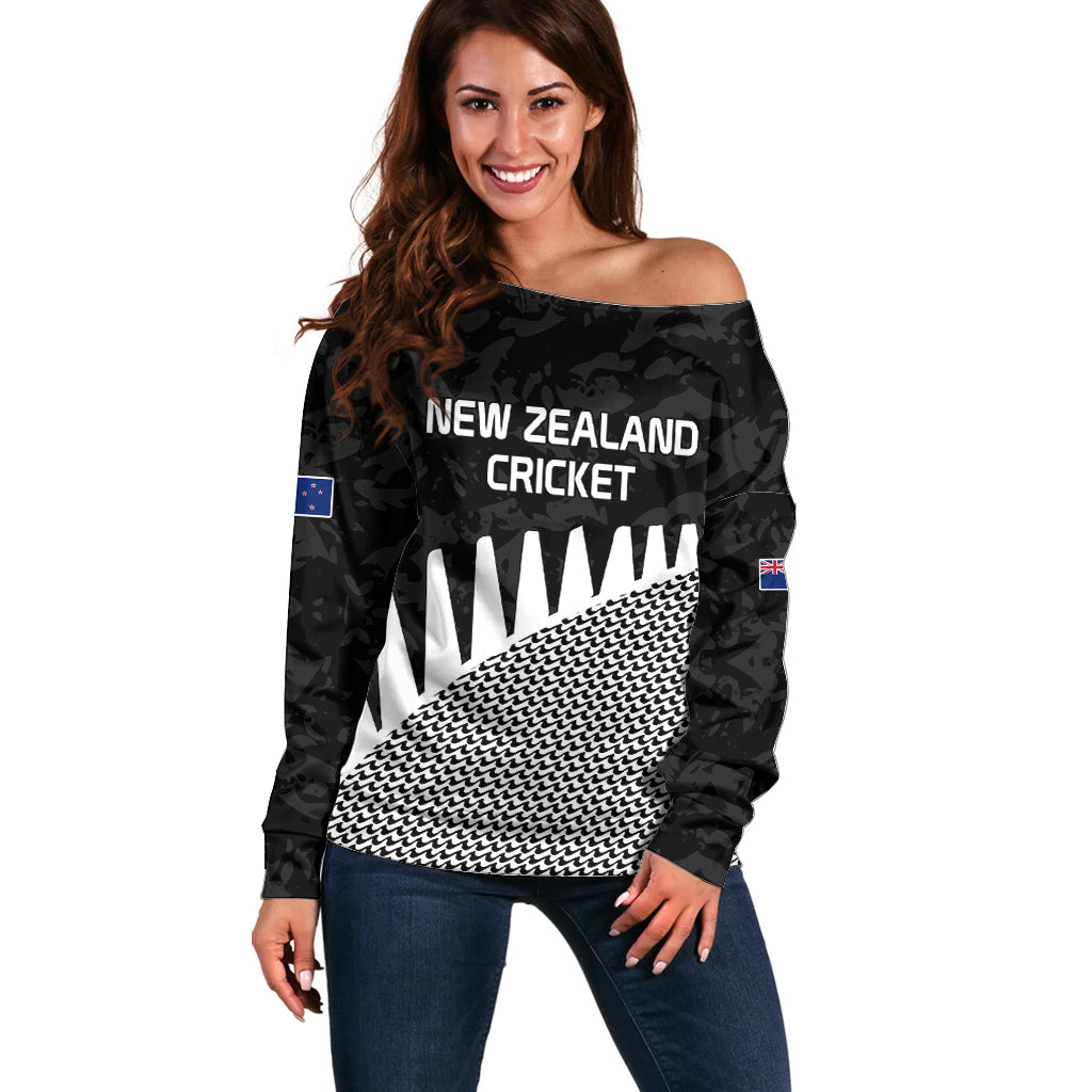 New Zealand Cricket Off Shoulder Sweater Black Cap Sporty Style No1 LT9 Women Black - Polynesian Pride