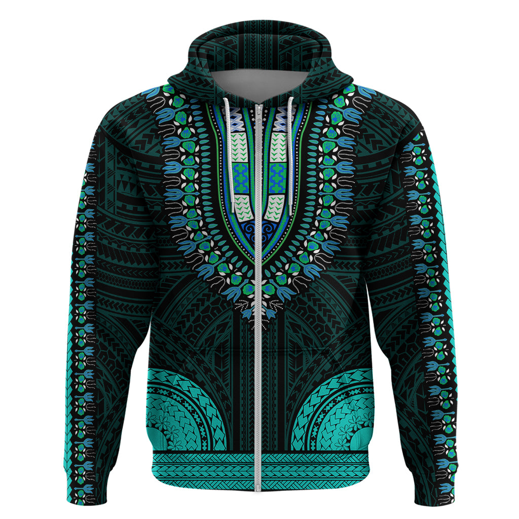 African Dashiki Hoodie With Polynesian Pattern Teal LT9 Zip Hoodie Teal - Polynesian Pride