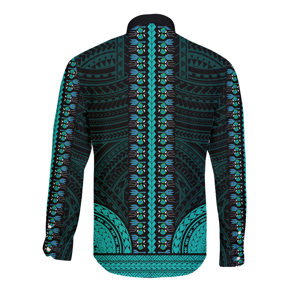 African Dashiki Long Sleeve Button Shirt With Polynesian Pattern - Teal LT9 - Polynesian Pride