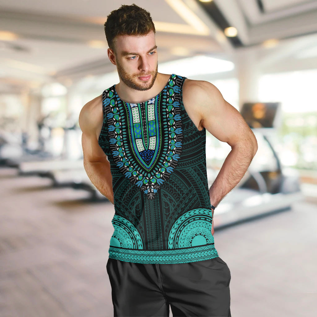African Dashiki Men Tank Top With Polynesian Pattern - Teal LT9 - Polynesian Pride