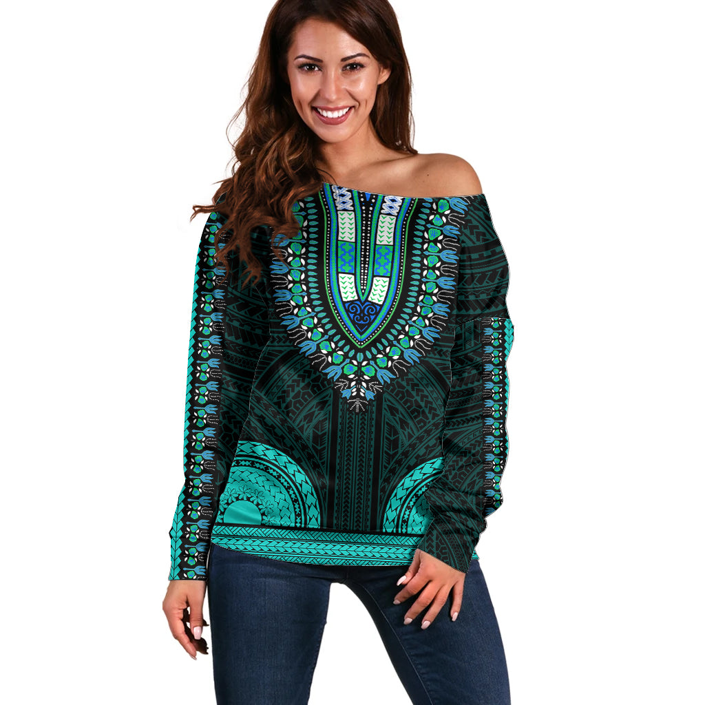 African Dashiki Off Shoulder Sweater With Polynesian Pattern - Teal LT9 Women Teal - Polynesian Pride
