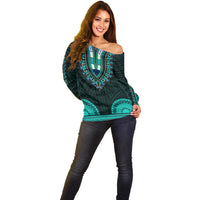African Dashiki Off Shoulder Sweater With Polynesian Pattern - Teal LT9 - Polynesian Pride