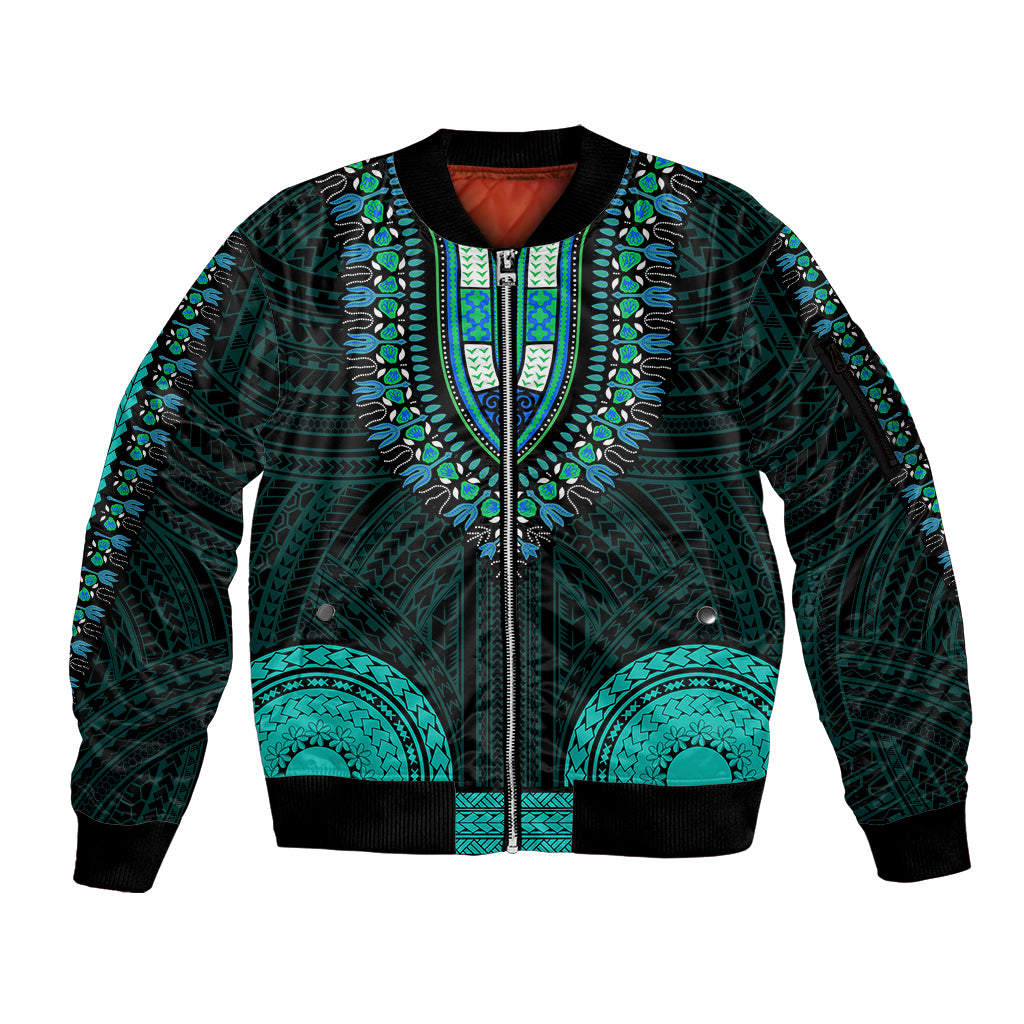 African Dashiki Sleeve Zip Bomber Jacket With Polynesian Pattern - Teal LT9 Unisex Teal - Polynesian Pride