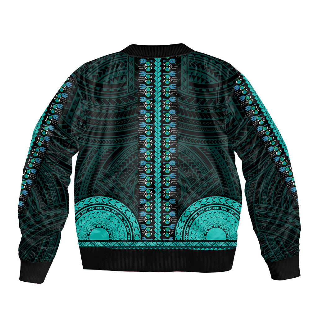 African Dashiki Sleeve Zip Bomber Jacket With Polynesian Pattern - Teal LT9 - Polynesian Pride