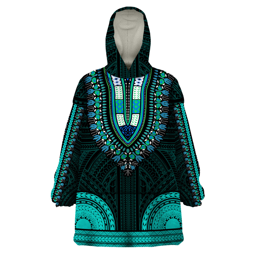 African Dashiki Wearable Blanket Hoodie With Polynesian Pattern - Teal LT9 One Size Teal - Polynesian Pride