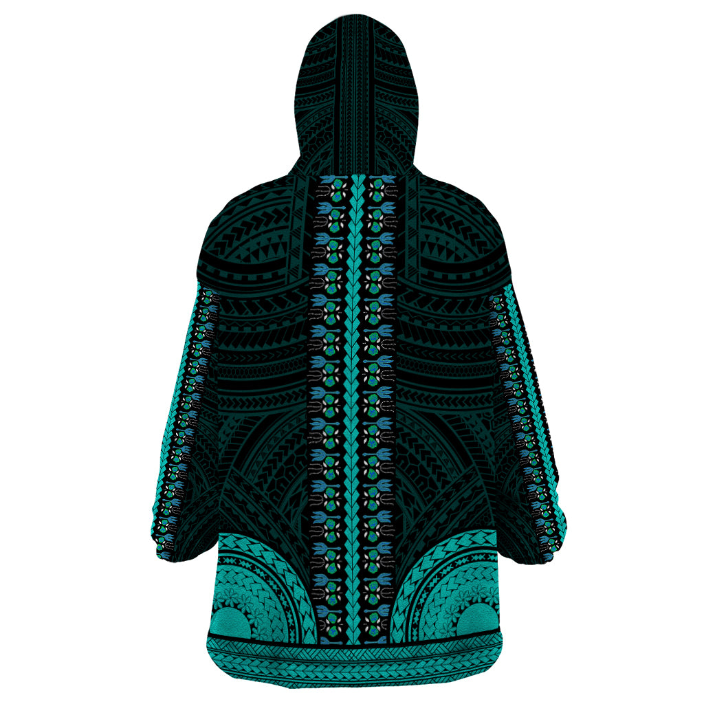 African Dashiki Wearable Blanket Hoodie With Polynesian Pattern - Teal LT9 - Polynesian Pride