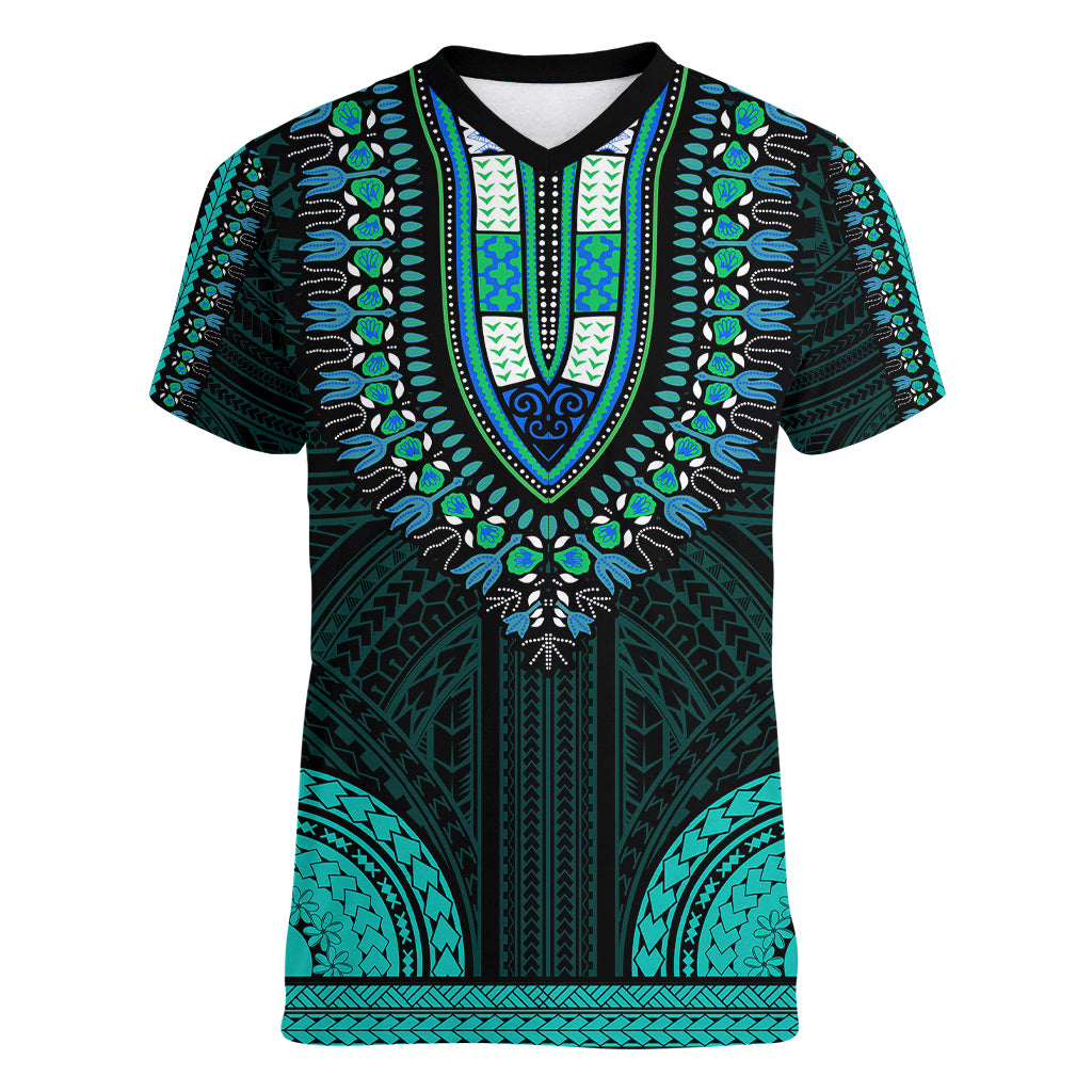 African Dashiki Women V Neck T Shirt With Polynesian Pattern - Teal LT9 Female Teal - Polynesian Pride