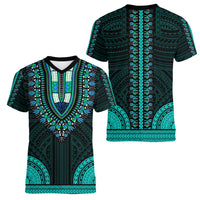 African Dashiki Women V Neck T Shirt With Polynesian Pattern - Teal LT9 - Polynesian Pride