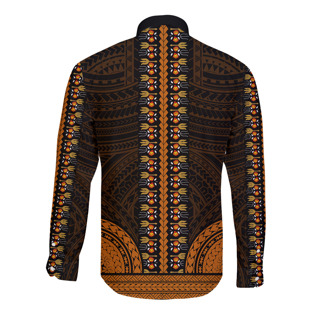 African Dashiki Long Sleeve Button Shirt With Polynesian Pattern - Gold LT9 - Polynesian Pride