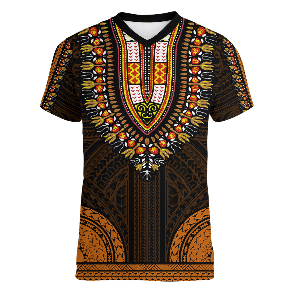 African Dashiki Women V Neck T Shirt With Polynesian Pattern - Gold LT9 Female Gold - Polynesian Pride