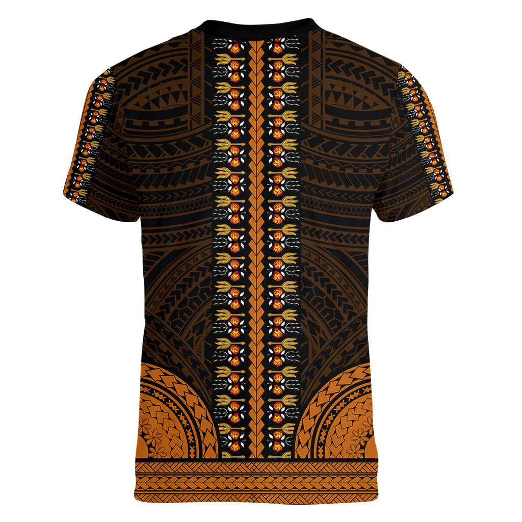 African Dashiki Women V Neck T Shirt With Polynesian Pattern - Gold LT9 - Polynesian Pride