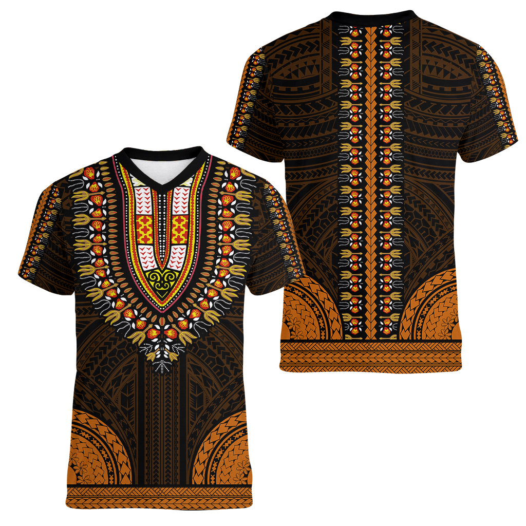 African Dashiki Women V Neck T Shirt With Polynesian Pattern - Gold LT9 - Polynesian Pride