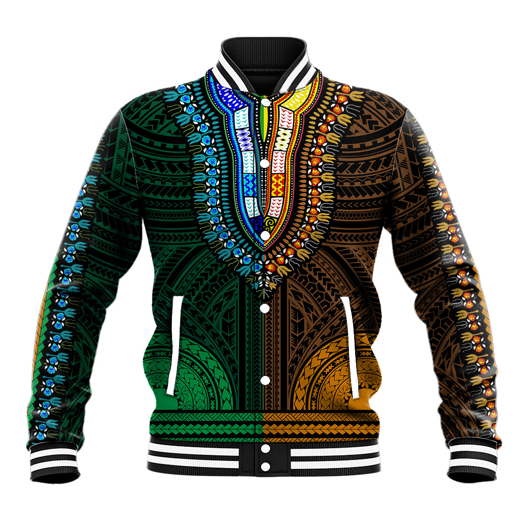 African Dashiki Baseball Jacket With Polynesian Pattern - Half Green and Gold LT9 Unisex Green and Gold - Polynesian Pride