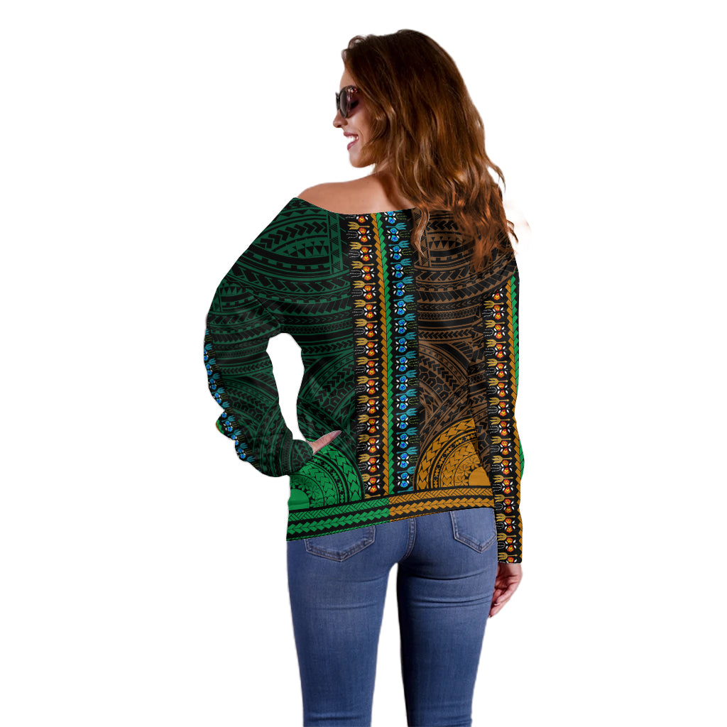 African Dashiki Off Shoulder Sweater With Polynesian Pattern - Half Green and Gold LT9 - Polynesian Pride