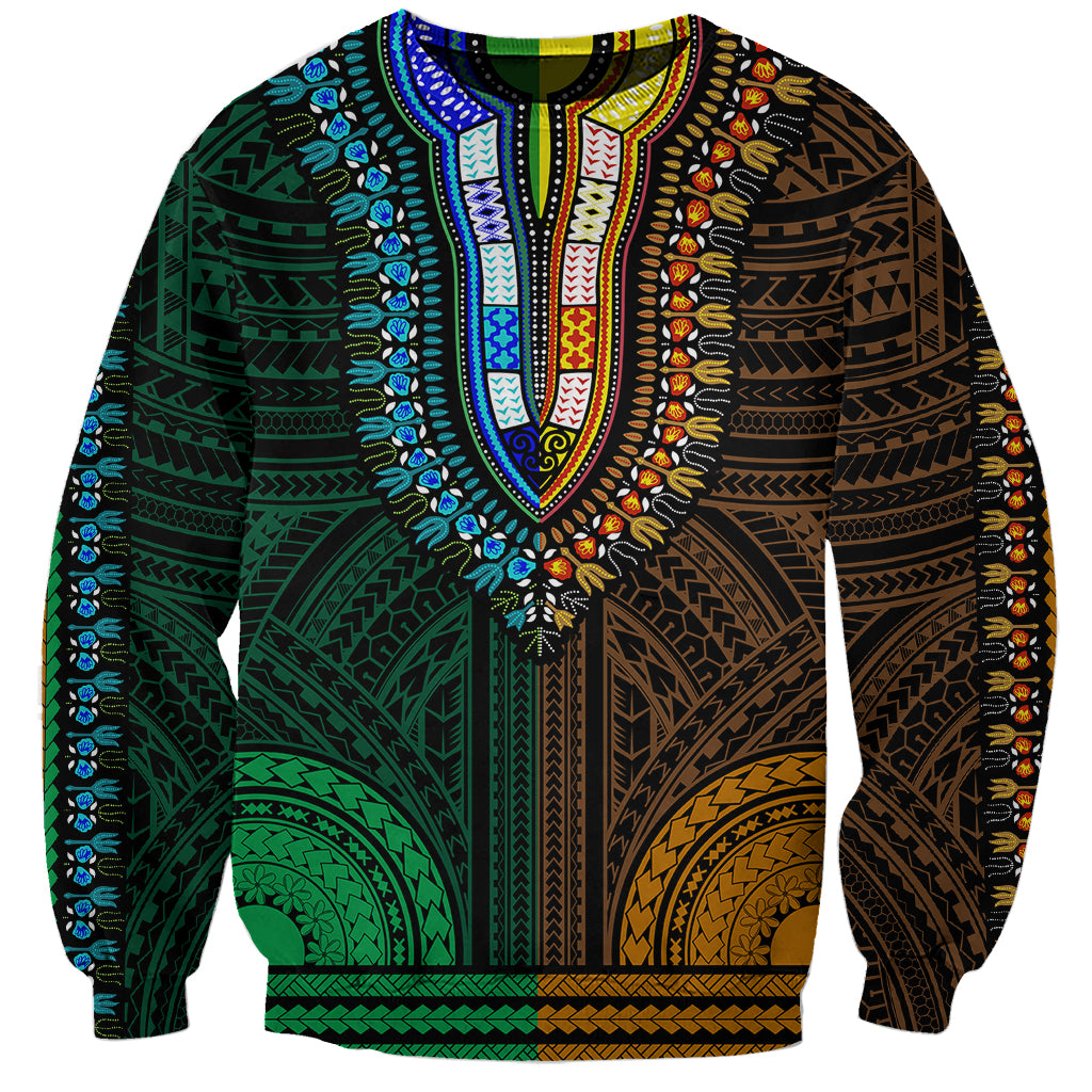 African Dashiki Sweatshirt With Polynesian Pattern - Half Green and Gold LT9 Unisex Green and Gold - Polynesian Pride