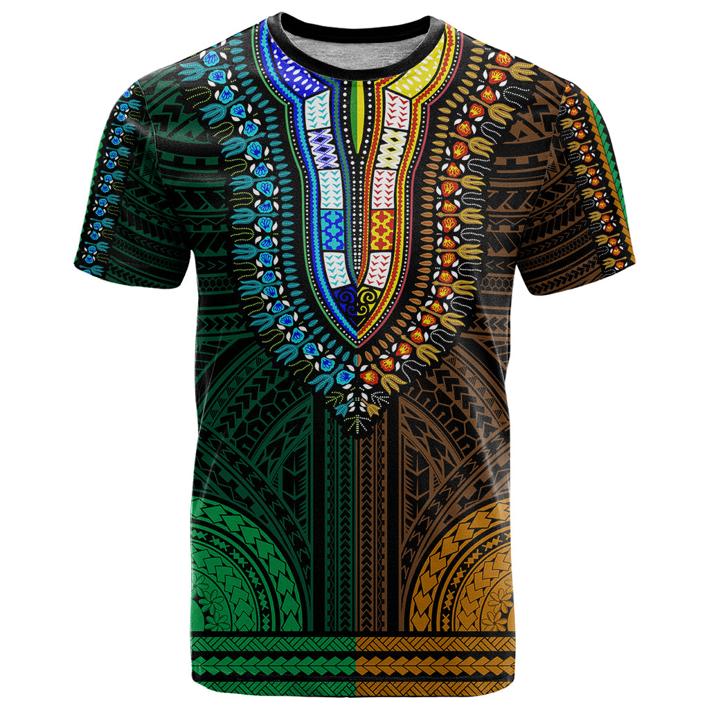 African Dashiki T Shirt With Polynesian Pattern Half Green and Gold LT9 Green and Gold - Polynesian Pride