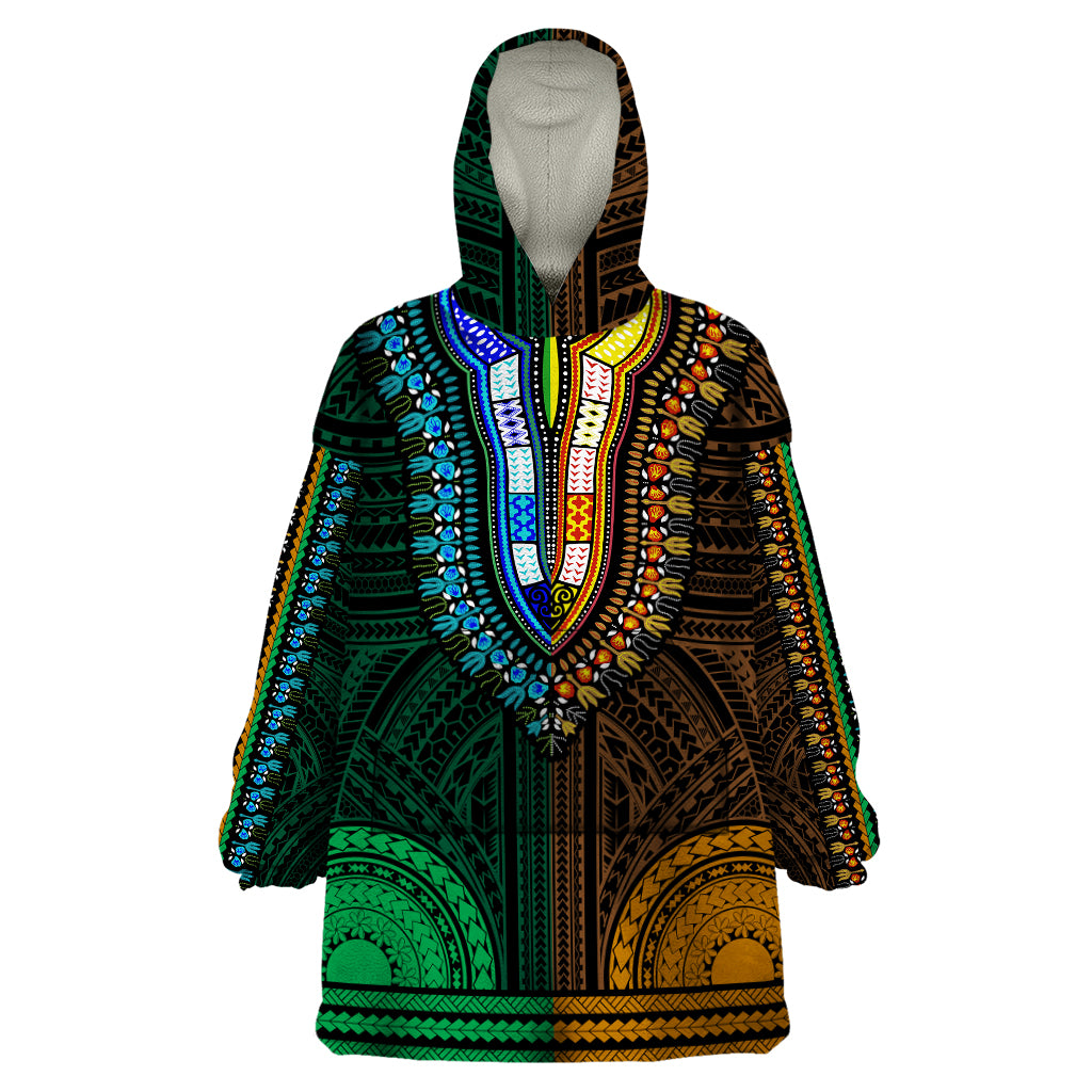 African Dashiki Wearable Blanket Hoodie With Polynesian Pattern - Half Green and Gold LT9 One Size Green and Gold - Polynesian Pride