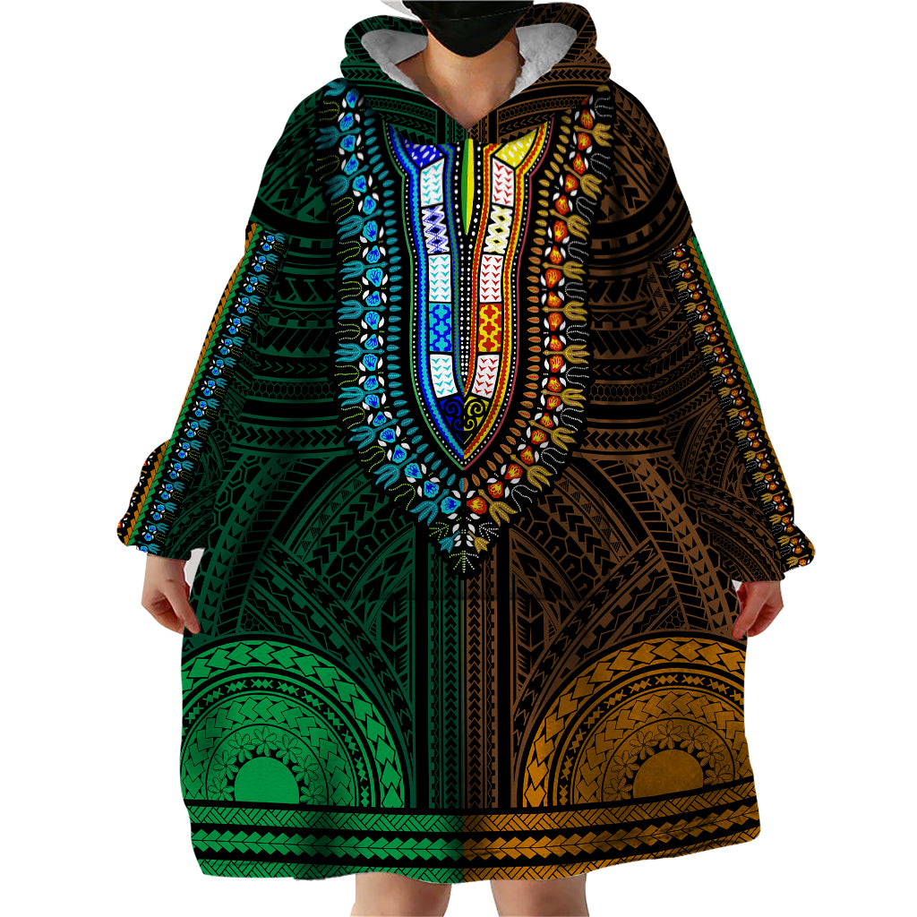 African Dashiki Wearable Blanket Hoodie With Polynesian Pattern - Half Green and Gold LT9 - Polynesian Pride