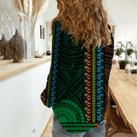 African Dashiki Women Casual Shirt With Polynesian Pattern - Half Green and Gold LT9 - Polynesian Pride