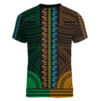 African Dashiki Women V Neck T Shirt With Polynesian Pattern - Half Green and Gold LT9 - Polynesian Pride