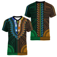 African Dashiki Women V Neck T Shirt With Polynesian Pattern - Half Green and Gold LT9 - Polynesian Pride