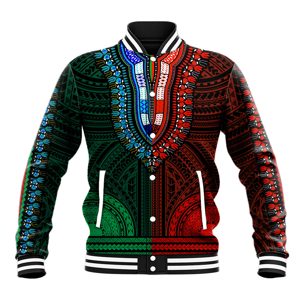 African Dashiki Baseball Jacket With Polynesian Pattern - Half Green and Red LT9 Unisex Green and Red - Polynesian Pride
