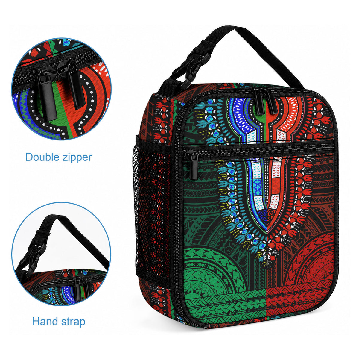 African Dashiki With Polynesian Pattern Green Red Lunch Bag LT9 - Polynesian Pride