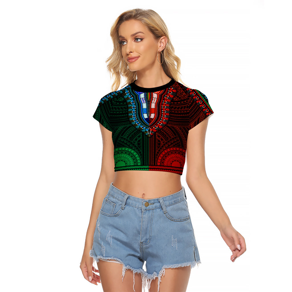 African Dashiki Raglan Cropped T Shirt With Polynesian Pattern - Half Green and Red LT9 Female Green and Red - Polynesian Pride