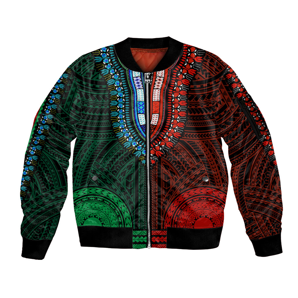 African Dashiki Sleeve Zip Bomber Jacket With Polynesian Pattern - Half Green and Red LT9 Unisex Green and Red - Polynesian Pride