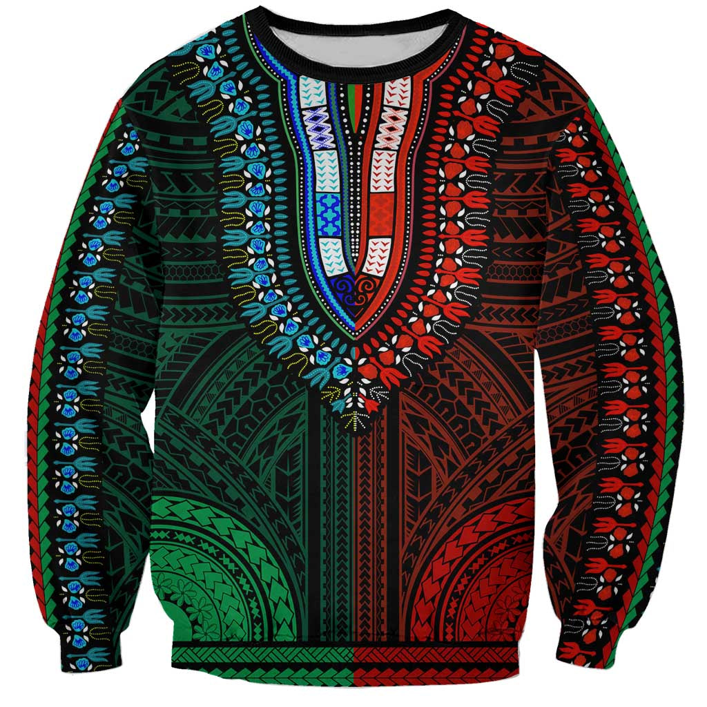 African Dashiki Sweatshirt With Polynesian Pattern - Half Green and Red LT9