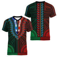 African Dashiki Women V Neck T Shirt With Polynesian Pattern - Half Green and Red LT9 - Polynesian Pride