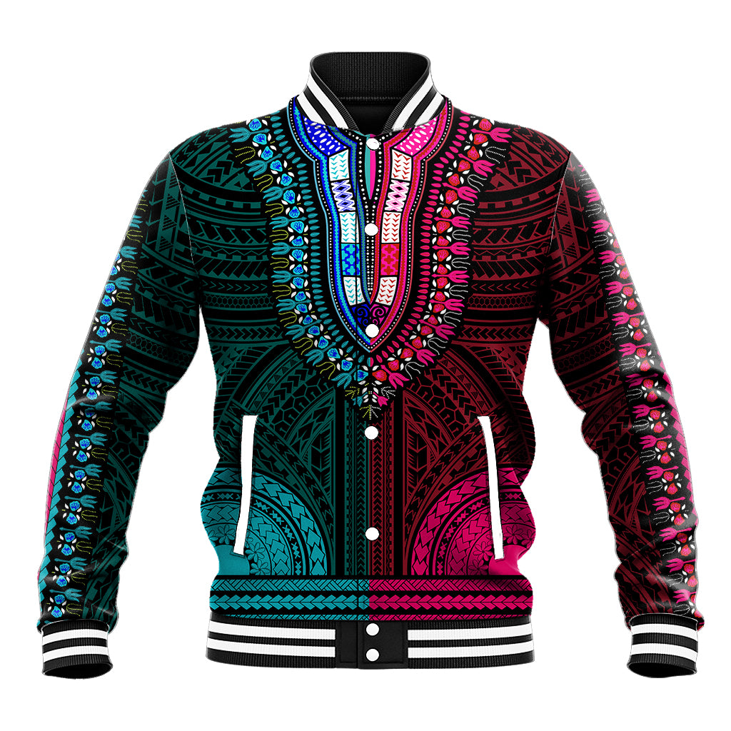 African Dashiki Baseball Jacket With Polynesian Pattern - Half Teal and Pink LT9 Unisex Teal and Pink - Polynesian Pride