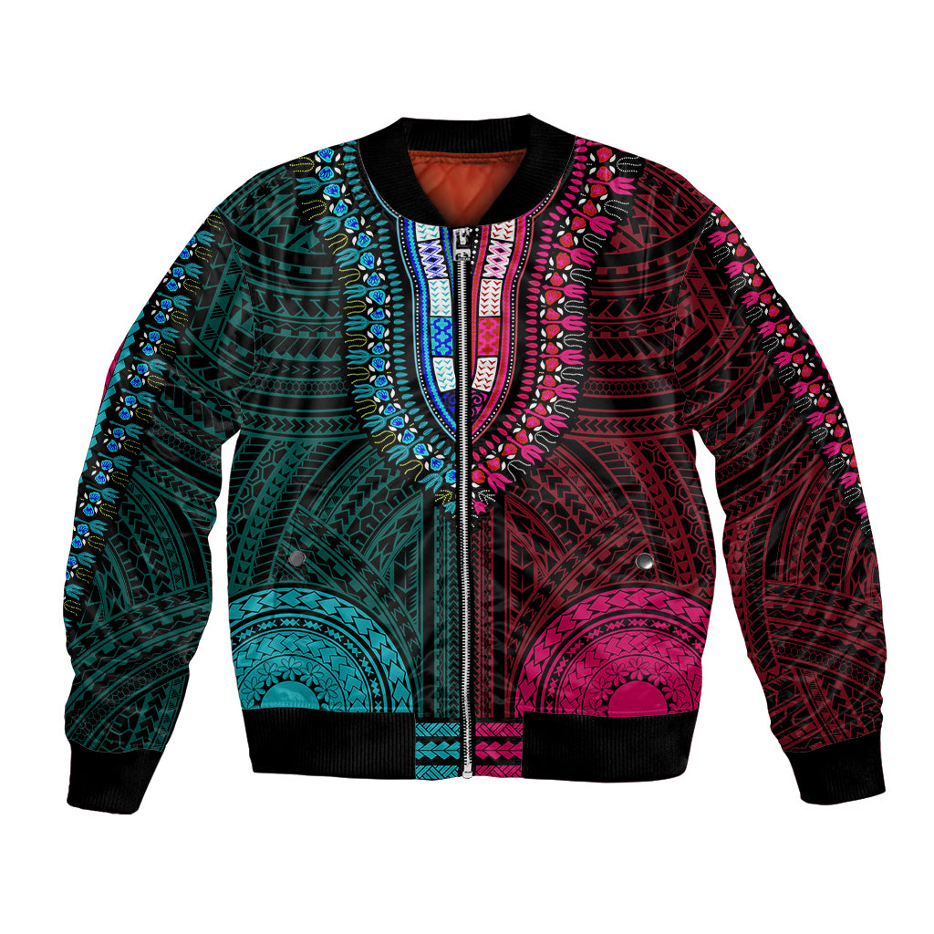 African Dashiki Bomber Jacket With Polynesian Pattern - Half Teal and Pink LT9 Unisex Teal and Pink - Polynesian Pride
