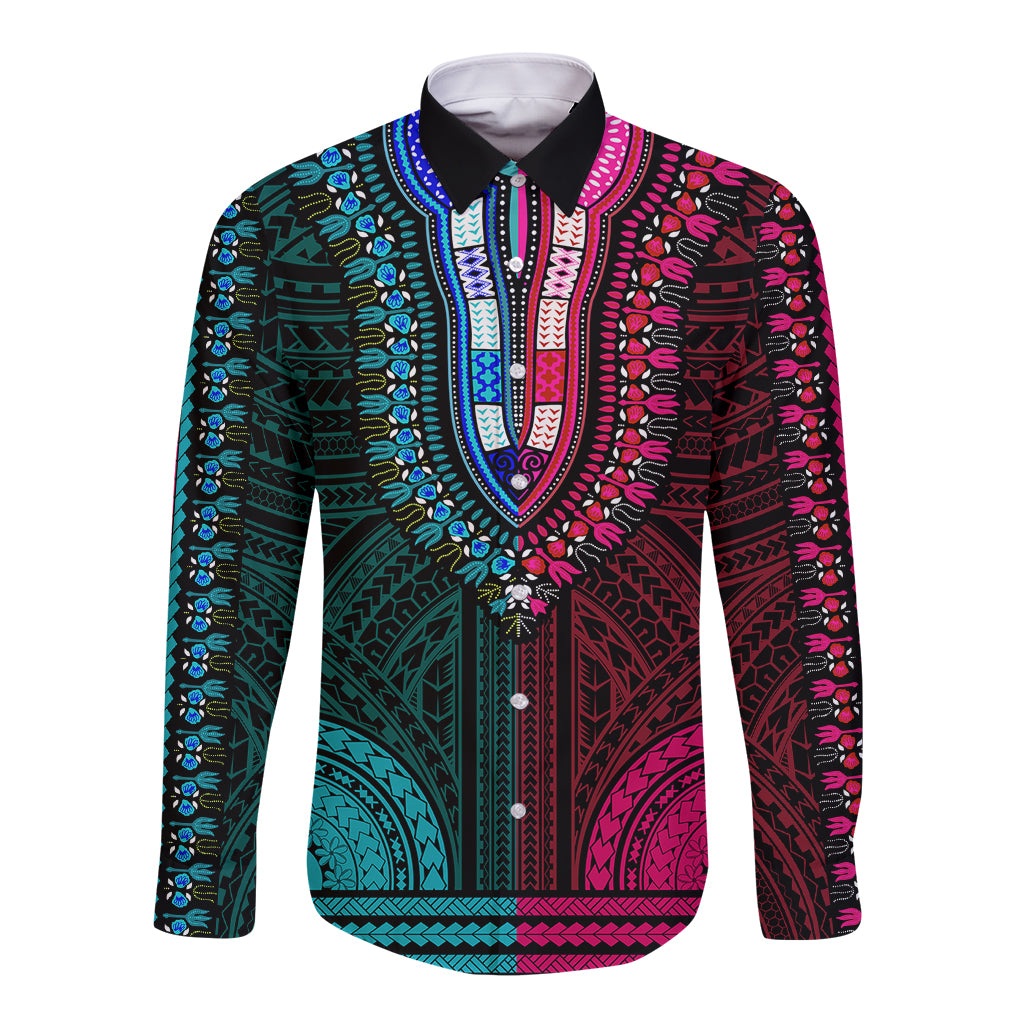 African Dashiki Long Sleeve Button Shirt With Polynesian Pattern - Half Teal and Pink LT9 Unisex Teal and Pink - Polynesian Pride