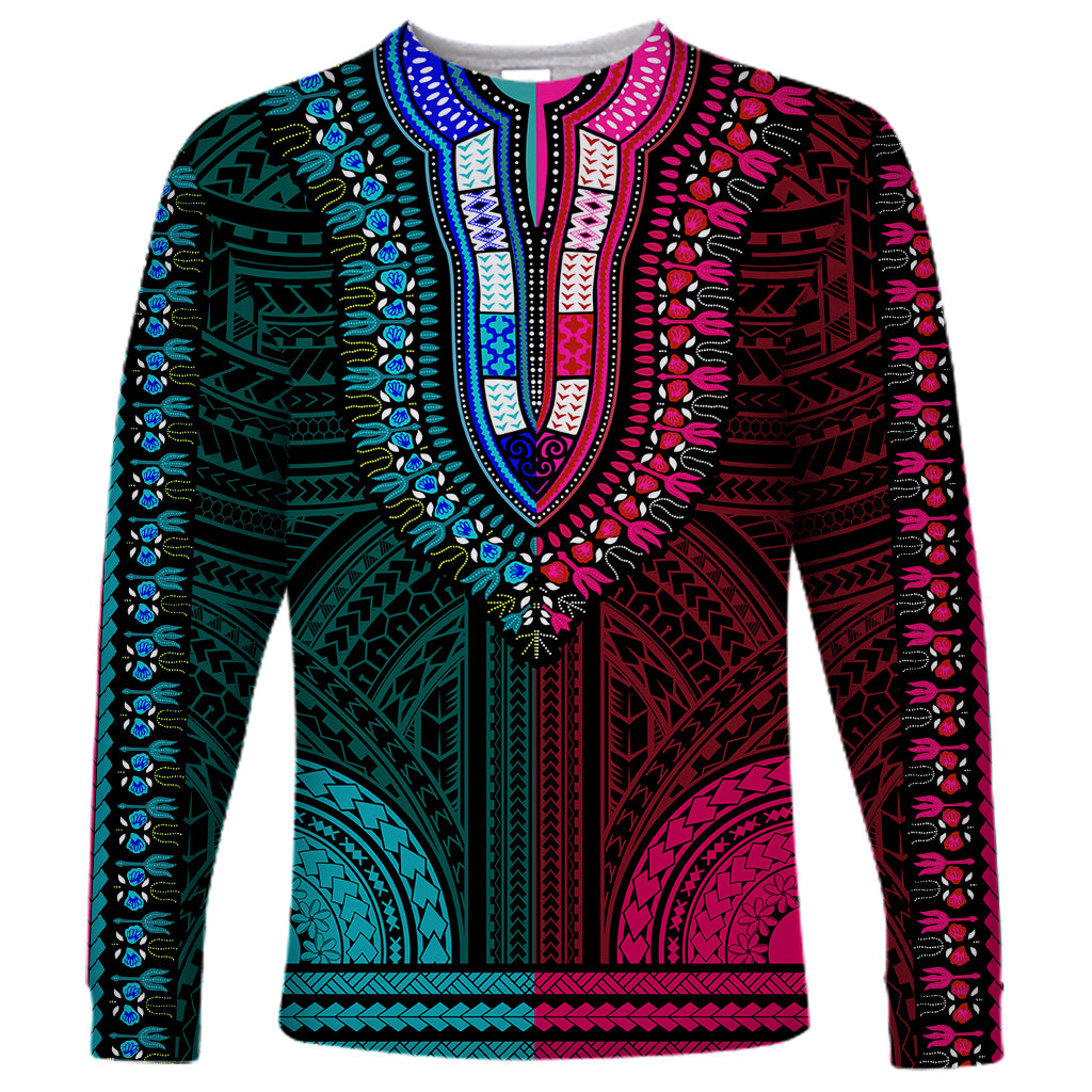 African Dashiki Long Sleeve Shirt With Polynesian Pattern - Half Teal and Pink LT9 Unisex Teal and Pink - Polynesian Pride