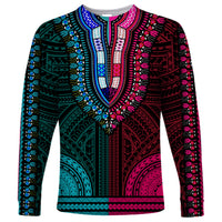 African Dashiki Long Sleeve Shirt With Polynesian Pattern - Half Teal and Pink LT9 Unisex Teal and Pink - Polynesian Pride
