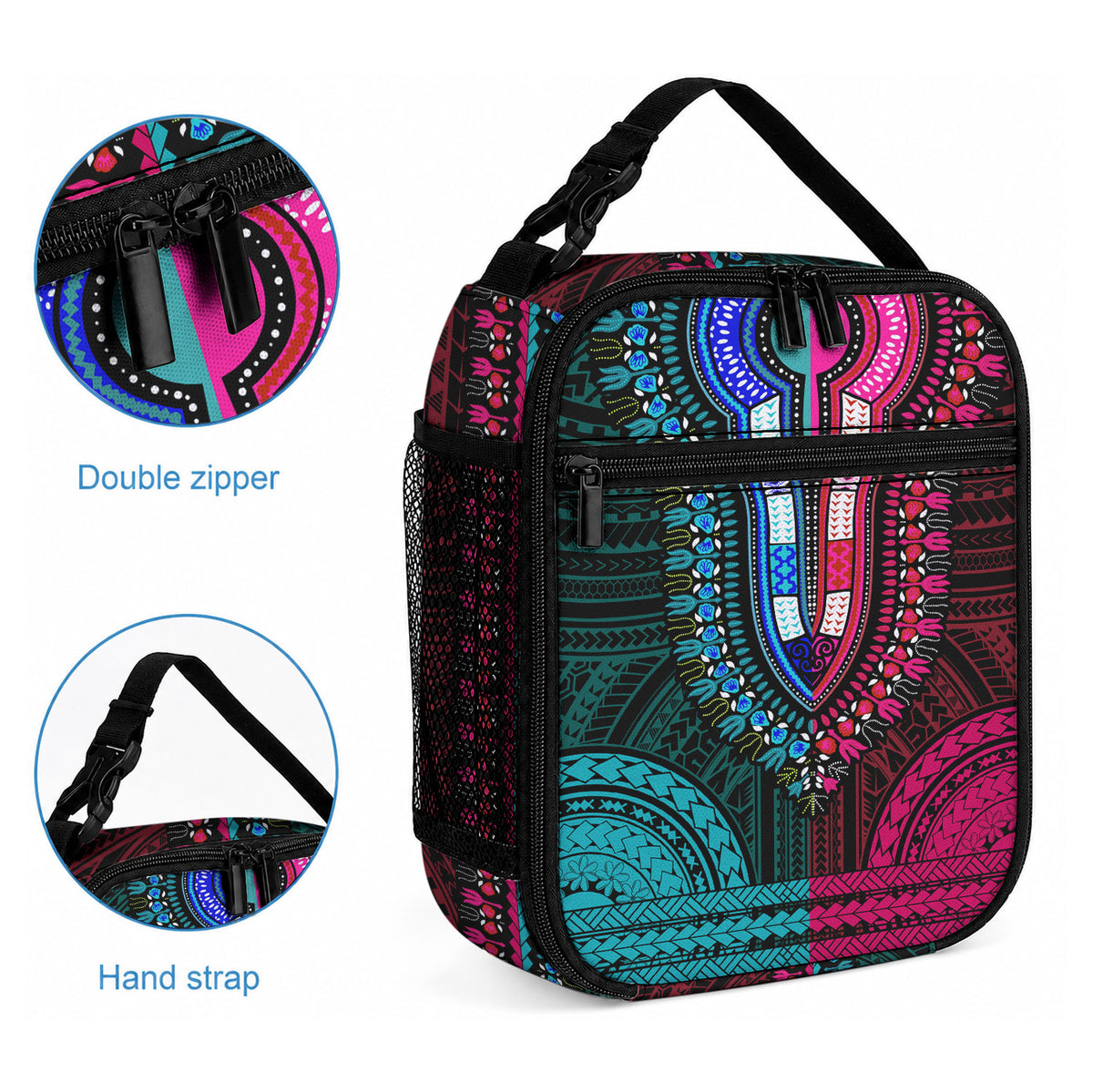 African Dashiki With Polynesian Pattern Teal Pink Lunch Bag LT9 - Polynesian Pride