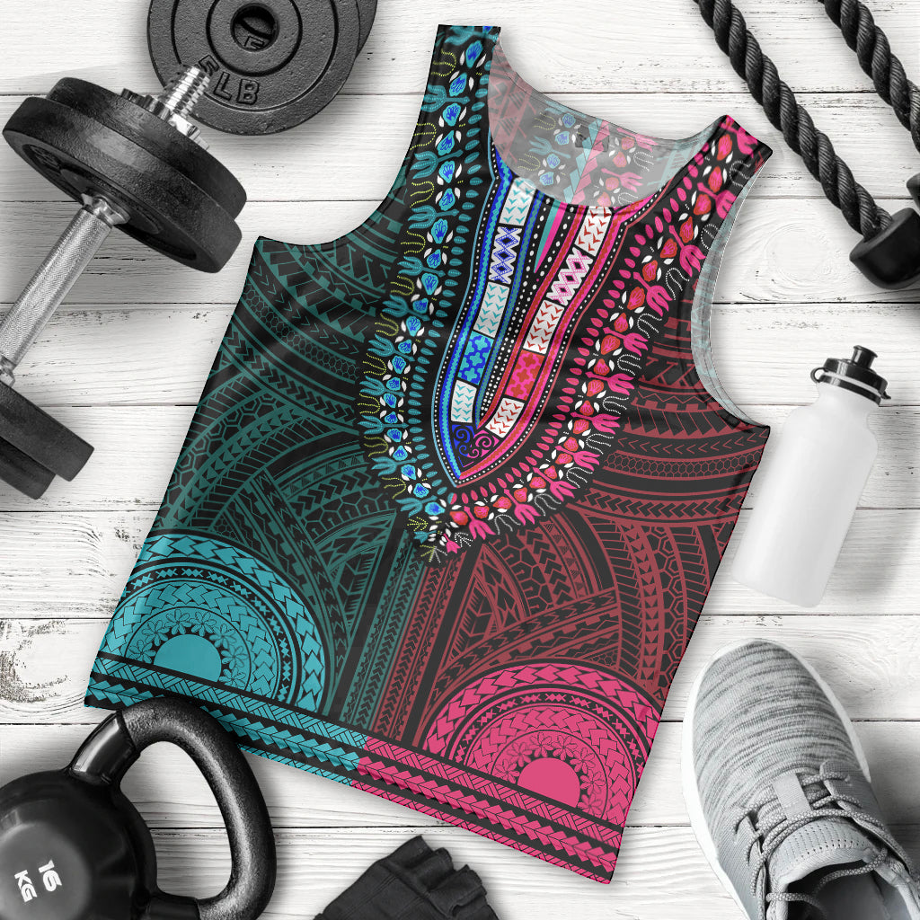 African Dashiki Men Tank Top With Polynesian Pattern - Half Teal and Pink LT9 Teal and Pink - Polynesian Pride