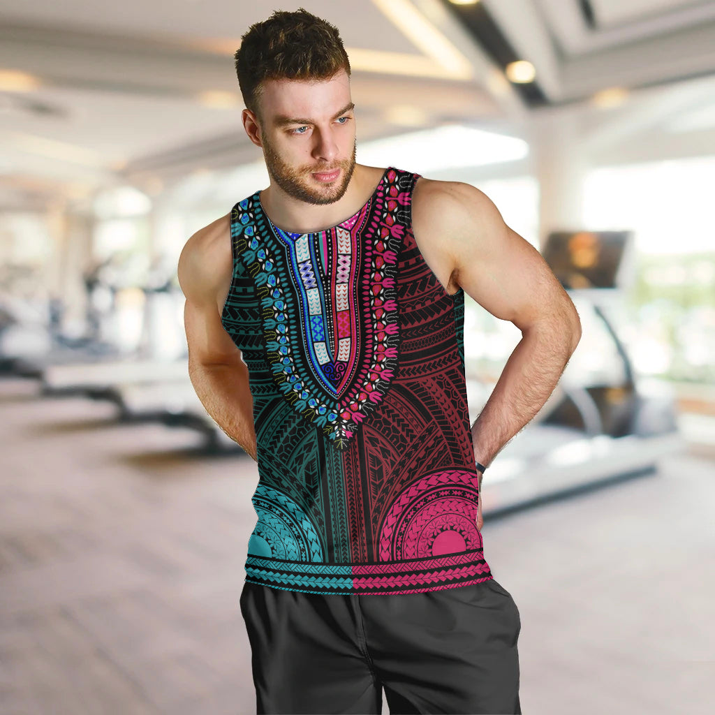 African Dashiki Men Tank Top With Polynesian Pattern - Half Teal and Pink LT9 - Polynesian Pride